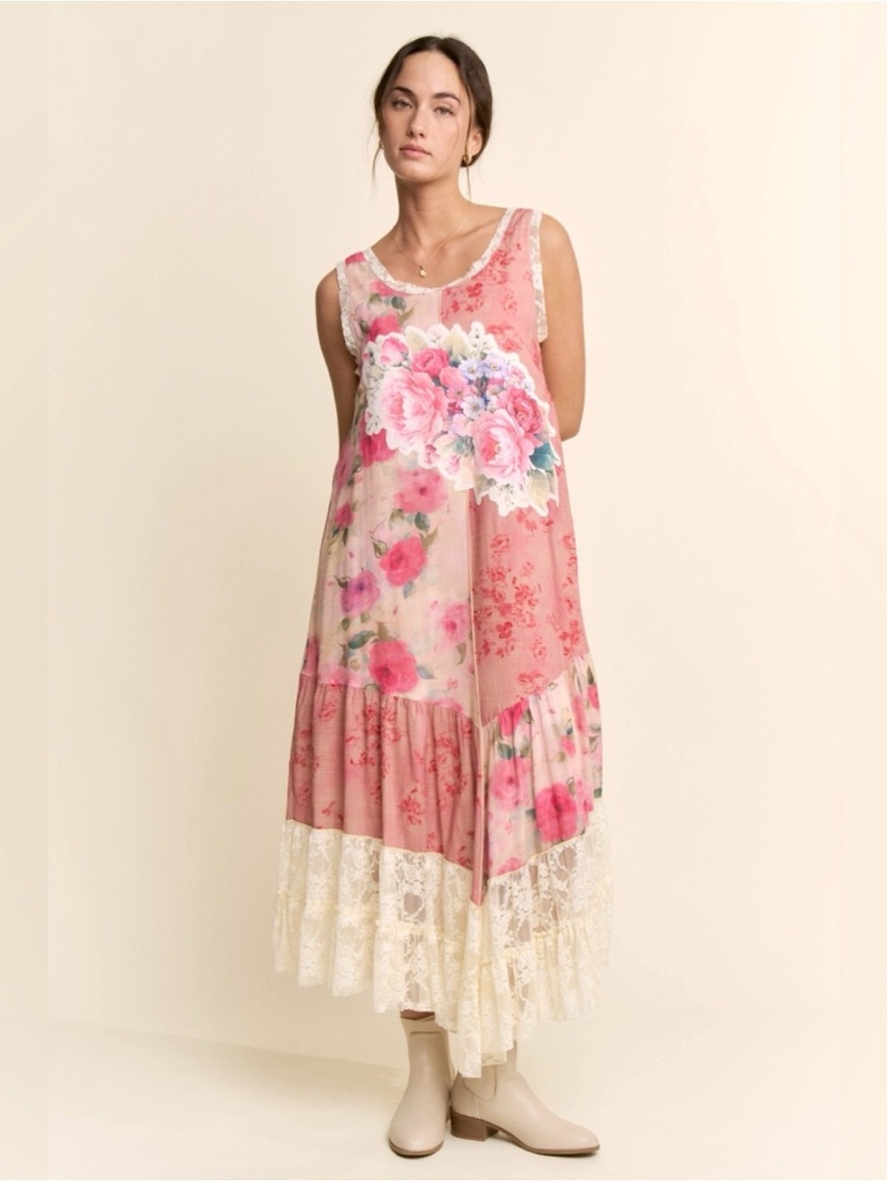 NEW Pink Floral Lace-Trim Maxi Dress — Romantic Sleeveless Gown Size 2X BRB SL - Picture 13 of 14